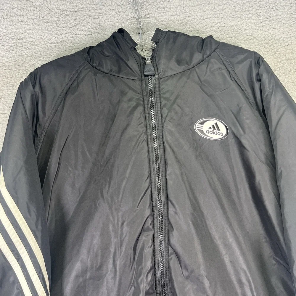 Vintage Adidas Jacket Mens Large Black Zip Hooded Reversible Fleece Windbreaker